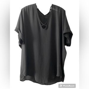 Lightweight Casual Black Blouse Large - Cuffed Sleeves with strappy bodice